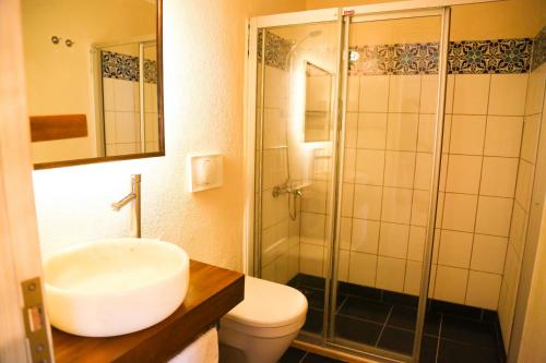 帕塔拉达达诺斯酒店的浴室配有卫生间、盥洗盆和淋浴。