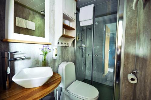 Hindseter 兴谢特尔酒店的浴室配有卫生间、盥洗盆和淋浴。