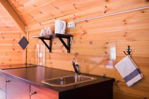 BrekkeVestvatn - Arctic Cabins的一个带水槽和木墙的厨房