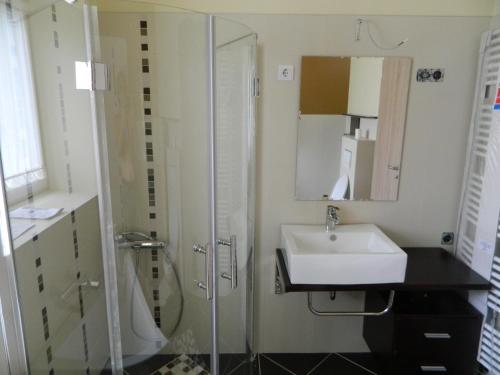 巴拉顿菲赖德LUX Apartman的一间带水槽和淋浴的浴室