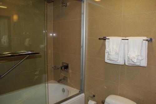 棕榈滩迪威一室公寓度假村的带淋浴、卫生间和毛巾的浴室