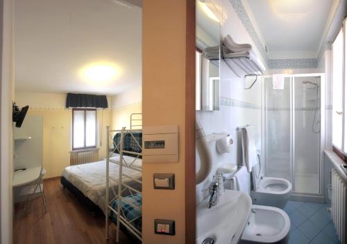 圣贝内代托-德尔特龙托中央酒店的一间带床、水槽和卫生间的浴室