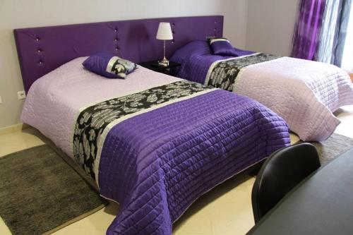 阿利若Alojamento Galerias Nascentes的客房内的两张紫色和白色的床