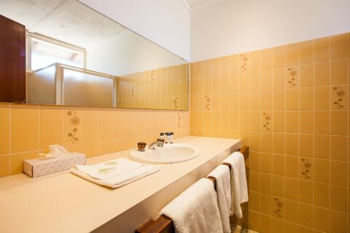 罗金汉姆罗金厄姆休闲酒店的黄色的浴室设有水槽和镜子