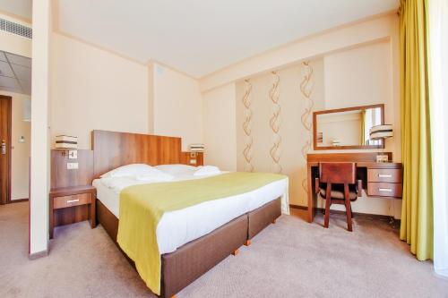 科沃布热格Apartamenty Sun & Snow w Verano的一间卧室配有一张床、一张书桌和一面镜子