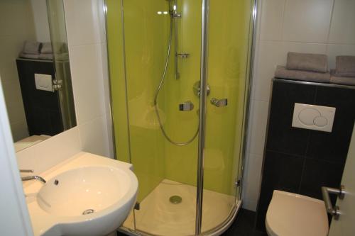 施特罗布尔丽丽湖畔酒店的带淋浴、盥洗盆和卫生间的浴室