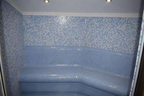科斯泰内茨Constantzia Balneohotel的浴室设有蓝色瓷砖淋浴和浴缸