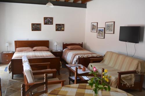 卡洛帕尼亚伊奥蒂斯爱普拉提亚酒店的一间带两张床、一张沙发和一台电视的卧室