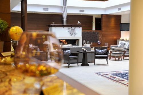 卡托劳塔翁阿迦毗豪华酒店的客厅设有壁炉和葡萄酒杯