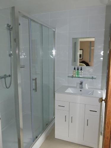 梅里登布罗德韦尔旅馆的带淋浴和盥洗盆的白色浴室