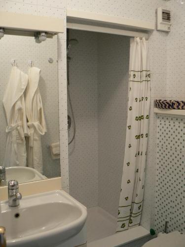 奥斯塔Maison Bibian的一间带水槽和淋浴帘的浴室