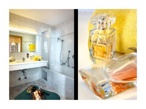 伊姆斯特林瑟霍夫阿尔彭旅馆的浴室的两张照片,装有一瓶香水