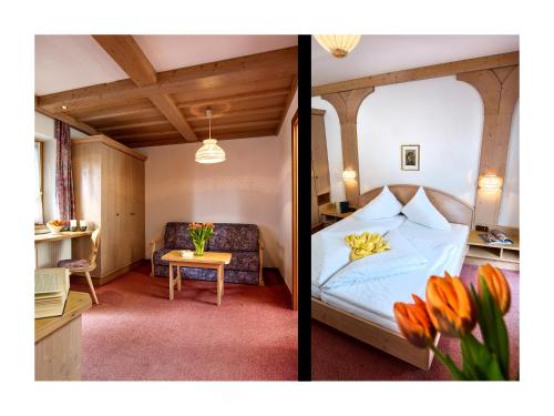 伊姆斯特林瑟霍夫阿尔彭旅馆的卧室两张照片,配有一张床和一张桌子