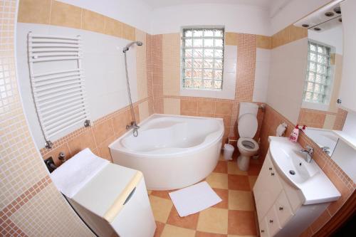 埃格尔Balm Apartman的带浴缸、卫生间和盥洗盆的浴室