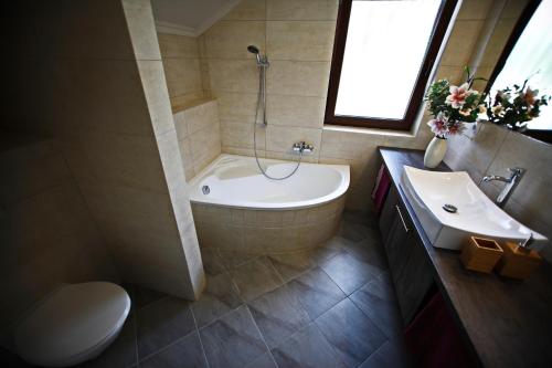 根尼斯迪亚斯Villamandala的带浴缸、卫生间和盥洗盆的浴室