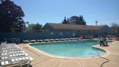 波因特普莱森特海滩大西洋汽车旅馆的一个带椅子和桌子的大型游泳池