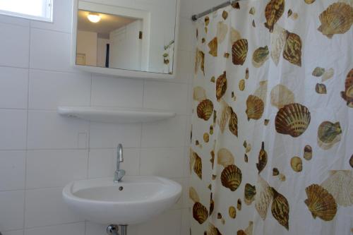 威廉斯塔德橙色伦勃朗公寓式酒店的一间带水槽和淋浴帘的浴室