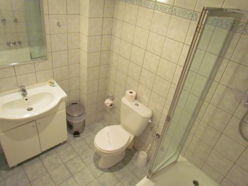 瓦西利基Porto Fico Hotel的浴室配有卫生间、盥洗盆和淋浴。
