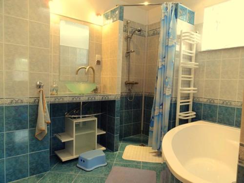 格里兹鲍Zacisze Grzybowo的一间带水槽、浴缸和淋浴的浴室