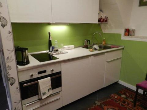 奥斯塔La Finestra Sul Cortile的厨房设有绿色的墙壁、水槽和炉灶。