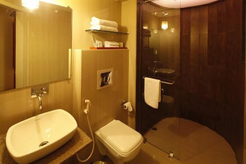 西里古里西里古里辛克莱酒店的一间带水槽、卫生间和淋浴的浴室