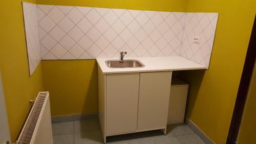 布达佩斯普瑞梅尔公寓旅馆的一间带水槽和黄色墙壁的浴室