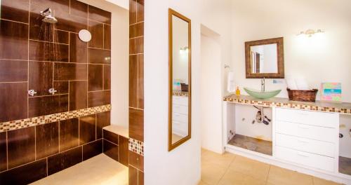 圣安德烈斯Casa de las Flores tropical的带淋浴和盥洗盆的浴室