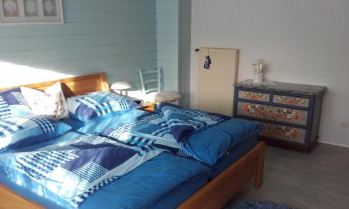 瑙德斯Haus Sagl的一间卧室配有一张带蓝色床单的床和梳妆台。