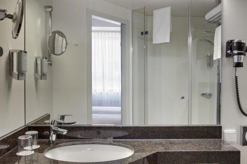 奥格斯堡Rugs Hotel Augsburg City的一间带水槽和镜子的浴室
