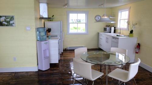 GreenspondThe Old Salt Box Co. - Aunt Christi's的厨房配有玻璃桌和白色家电