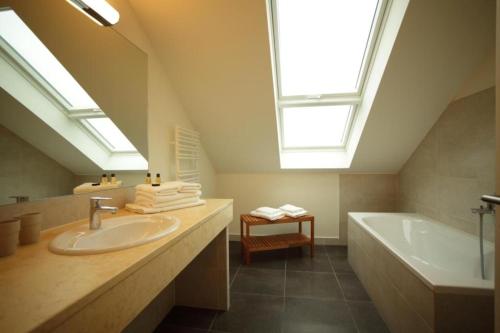 霍恩宁多夫Appartement Schloß - Hohen Niendorf的浴室配有盥洗盆、浴缸和天窗。