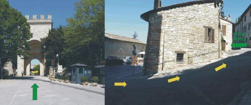 阿西西玛丽亚之家度假屋的两幅箭头指向街道的建筑物照片