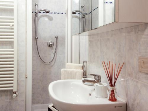 佛罗伦萨新圣母大殿公寓的白色的浴室设有水槽和淋浴。