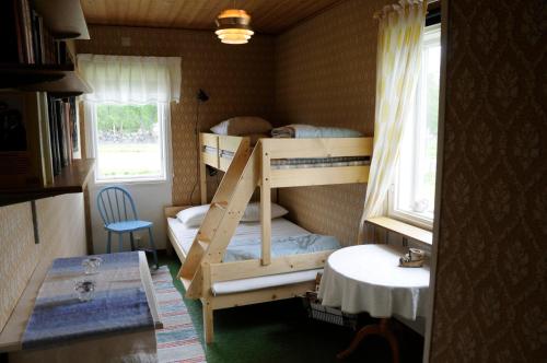 Karungi艾达斯图加山林小屋的客房设有两张双层床和一张桌子。