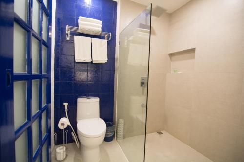 长滩岛长滩岛GT酒店的一间带卫生间和玻璃淋浴间的浴室
