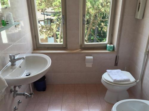 利尼亚诺萨比亚多罗Pensione Giardino的一间带水槽和卫生间的浴室以及两个窗户。