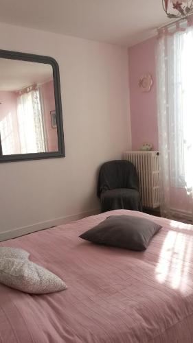 奥东河畔埃皮奈Chambres de Charme a la Ferme的一间卧室配有一张带镜子和椅子的床