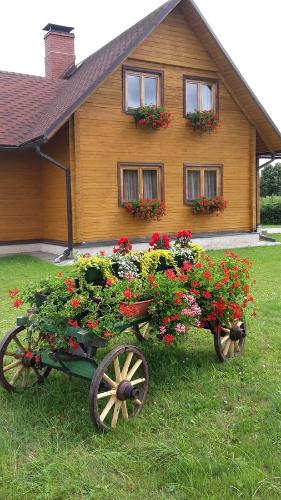 BurtniekiAtpūtas namiņš的花车在鲜花盛开的房子前