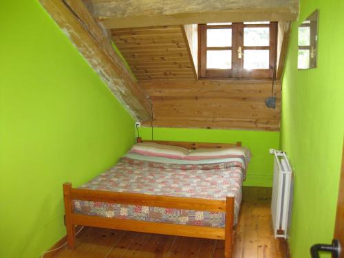 卡斯特洪德索斯Albergue Pájaro Loco的一间小卧室,在绿色的房间里配有一张床