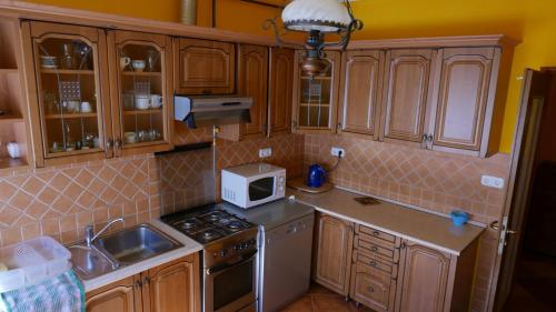 托考伊Lipták Vendégház的厨房配有木制橱柜、炉灶和微波炉。