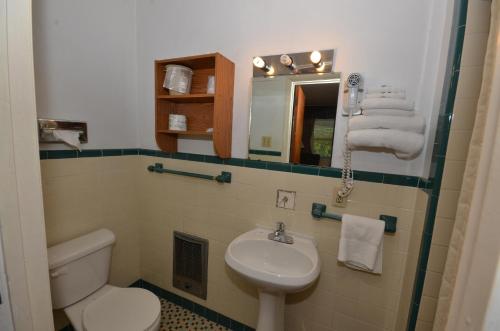 New BerlinvilleBudget Host Inn的一间带水槽、卫生间和镜子的浴室