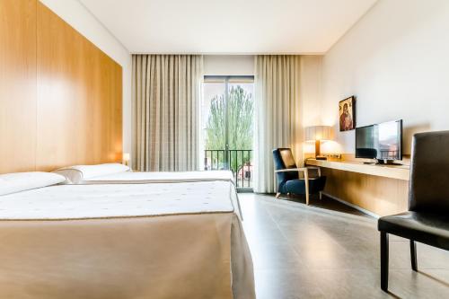 莱昂Hospedería Pax的酒店客房配有一张床、一张书桌和一台电视。