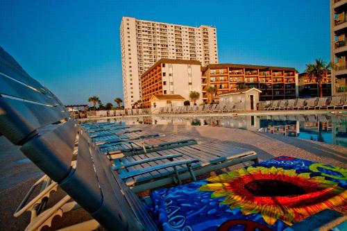 默特尔比奇美特尔海滩度假酒店的游泳池旁的一排躺椅