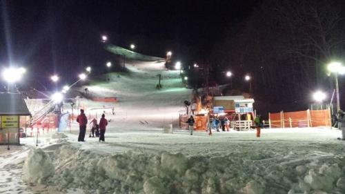 赛维尔维尔Big Bear Lodge Holiday home的一群人晚上在滑雪场滑雪