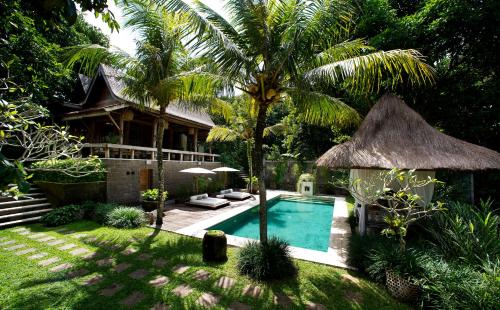 坎古卡拉帕瑜伽精品度假村 的一个带游泳池和房子的后院