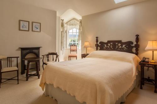 巴利卡斯尔Stella Maris Shore House的一间卧室设有一张大床和一个壁炉