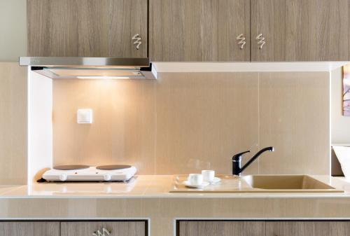 艾斯普罗瓦塔Troia Resort Luxury Studios的厨房柜台设有水槽和炉灶。