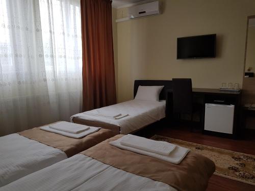 巴亚马雷Hotel New的酒店客房设有两张床和电视。