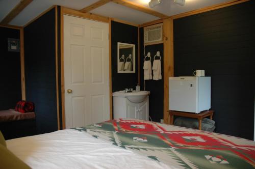 克利尔沃特Gurus Of Gravel Bike Retreat Guest Cabin的一间卧室配有床、水槽和冰箱