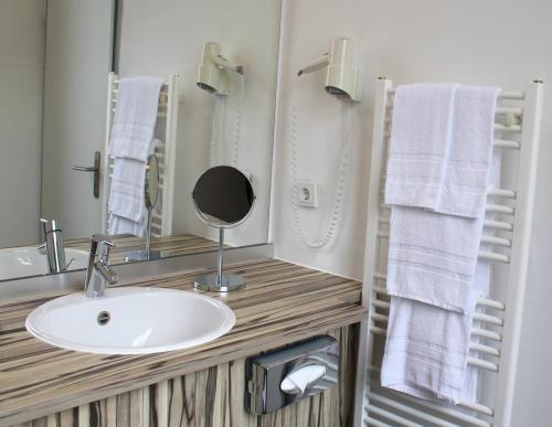 海德堡唐怀瑟酒店的浴室配有盥洗盆、镜子和毛巾